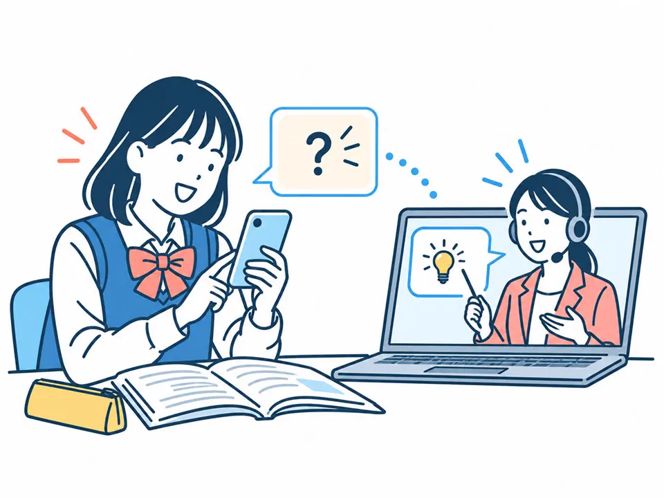 オンラインで疑問をすぐに質問する高校生のイラスト