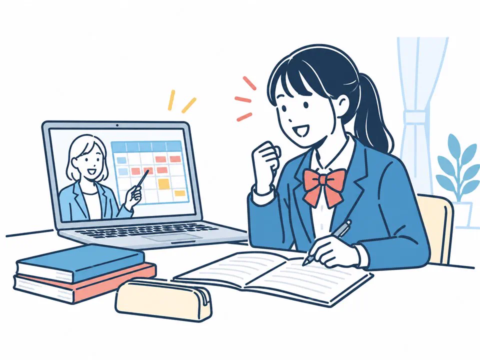 オンラインコーチと学習計画を確認する高校生のイラスト