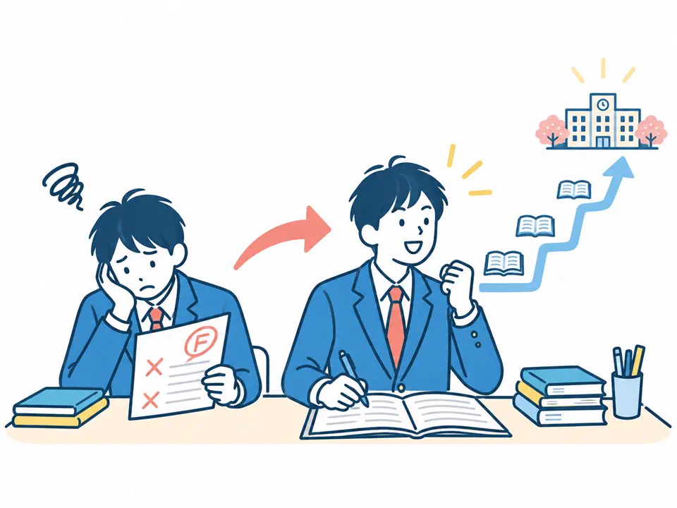 逆転合格に向けて学習を立て直す高校生のイラスト