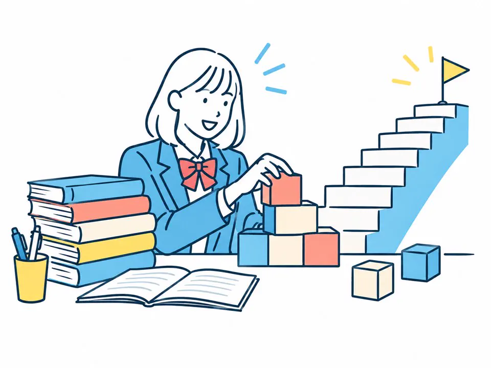 基礎から一つずつ学び直す高校生のイラスト